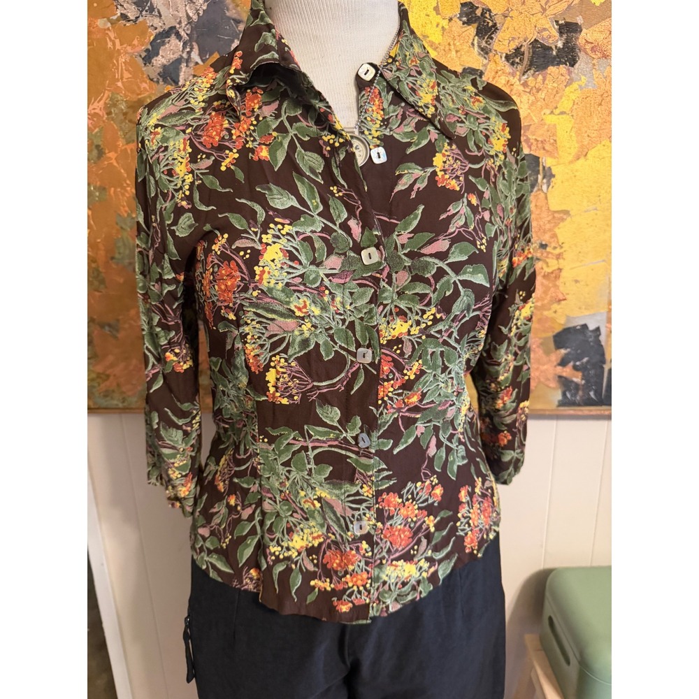 Loco Lindo Floral Rayon Button Up Blouse Brown Green 3/4 Sleeve Vintage Top